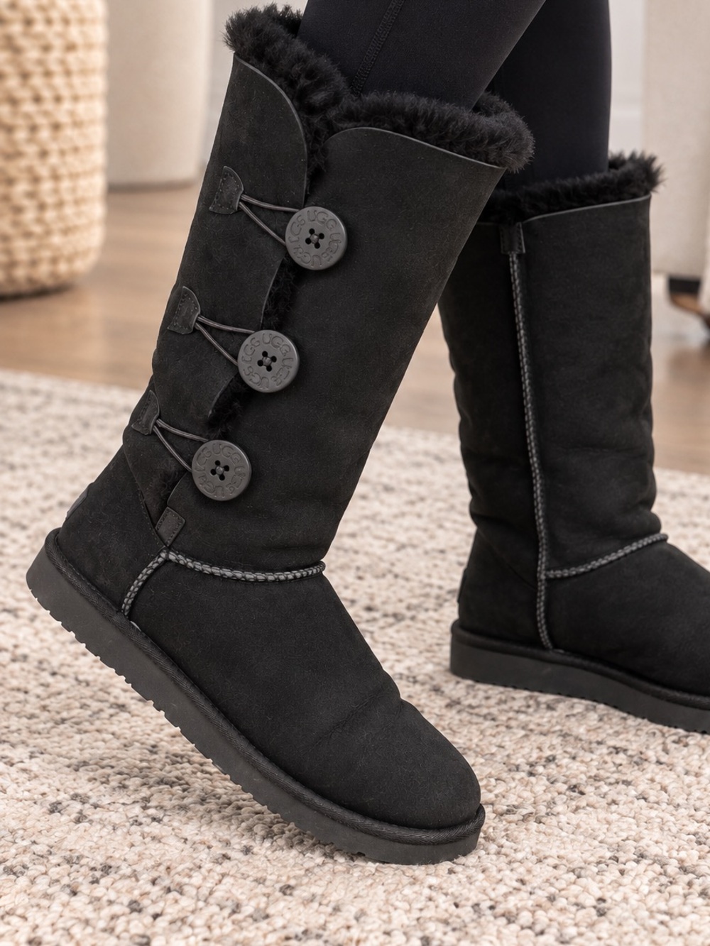 UGG Australia Black Bailey Button Triplet Tall Sheepskin Boots Women’s